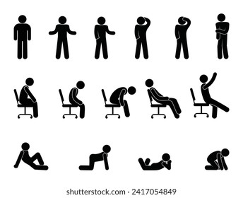 stick figure man icon, people standing, sitting, lying