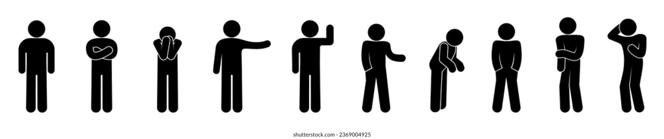 stick figure man icon, set of basic gestures, human silhouettes