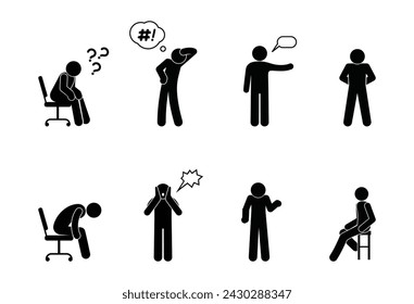 stick figure man icon, set of people, human silhouettes standing and sitting, poses and gestures