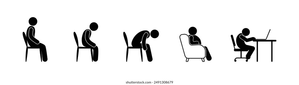 stick figure man icon, sitting people, sedentary lifestyle, vector set