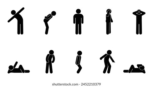 stick figure man icon, stickman isolated on white background, human silhouette, various poses
