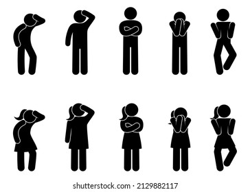 stick figure man icon, various gestures and poses of men and women, isolated human silhouettes