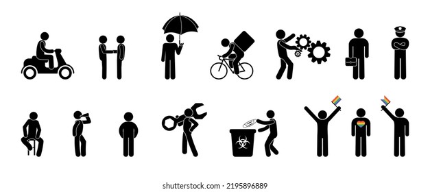 stick figure man, icons set, people in different situations