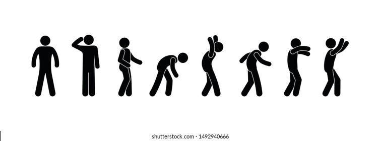 stick figure man illustration, different poses and gestures, waved hands, isolated symbols