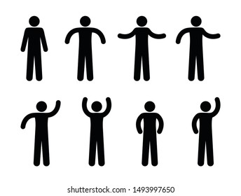 Stick figure man illustration, different poses and gestures, waved hands, isolated symbols