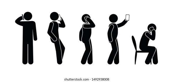 Stick Figure Man Illustration, Talking On The Phone Icon, Isolated Symbols