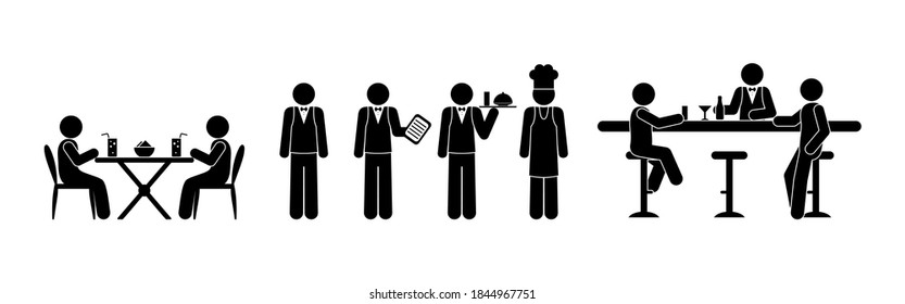 stick figure man, illustration of workers and restaurant visitors, isolated silhouettes of people in cafe and bar