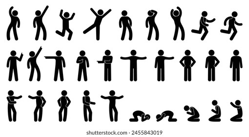 stick figure man, isolated pictogram of people, stickman icon, set of various poses and gestures