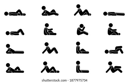 Stick Figure Man Lie Down Various Positions Vector Illustration Icon Set. Male Person Sleeping, Laying, Sitting On Floor, Ground Side View Silhouette Pictogram