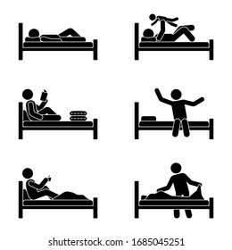 Hombre con figuras de palos en la cama, leyendo un libro, bebiendo café, jugando con un niño, estirando, haciendo un pictograma de ilustración vectorial de la cama