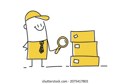 Stick figure man with magnifying glass looking for mailbox. Doodle style. Vector illustration.