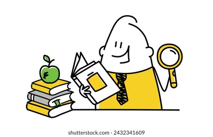 Stick figure, man with magnifying glass in hand reading book. Cartoon style. Vector illustration.