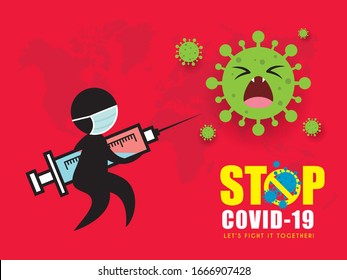 Stick figure man in medical face mask holding syringe vaccine fighting coronavirus. Stop coronavirus (covid-19) vector illustration or pictogram. Epidemic infectious disease concept art poster.