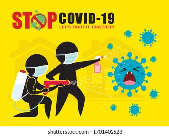 Stick figure man in medical face mask  spray cleaning & disinfecting coronavirus, Covid-19. Prevention controlling epidemic of coronavirus vector illustration. Disinfection services concept poster.