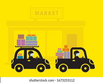 Stick figure man in medical mask panic buying at the market. Symbol or icon of shopper driving home with lot of goods. Vector shopping pictogram. Flat design.