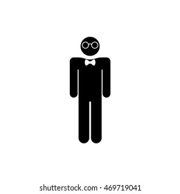 Stick figure. The man nerd in round glasses and a bow tie flat icon. Simple black silhouette isolated on white background.