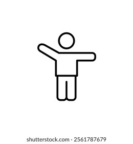 Stick figure man with one arm outstretched and one arm raised up. Welcome gesture, helping hand. Friendship and community. Pixel perfect vector icon