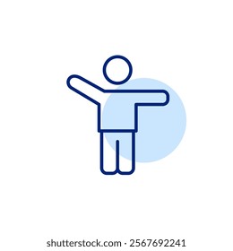 Stick figure man with one arm outstretched and one arm raised up. Welcome gesture, helping hand. Friendship and community. Pixel perfect, editable stroke icon