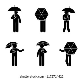 Stick figure man with opened umbrella icon set. People under the rain in different poses
