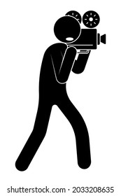 stick figure, man operator with camera. World Cinema Day December 28th. Vector on white background