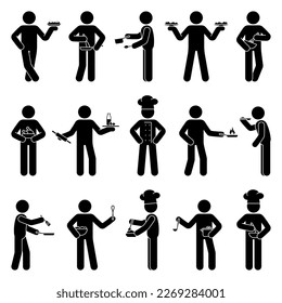 Stick figure man, person with kitchen utensils vector set. Stickman male cooking, baking, frying, mixing icon pictogram 