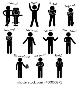 Stick Figure of Man / Person Thinking / Crying / Being Tired / Feeling Despair / Depression / Indignation / Guilt / Begging Pardon / Pointing / Listening. Emotional Body Language Vector Set