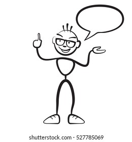 Stick figure man persona with speech bubble, Stickman vector drawing on white background