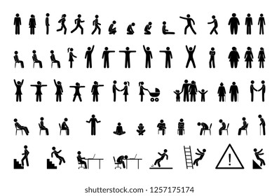 stick figure man, pictogram set, people different poses icons, movement silhouettes human silhouette stand, walk, sit, family symbol, warning signs