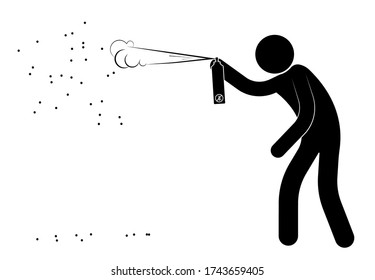 stick figure, man poisons a swarm of dangerous insects from a gas spray. Attack of wasps and bees on people. Isolated vector on white background