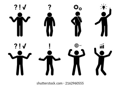 Stick figure man problem solution concept vector illustration set. Creative idea insight icon silhouette pictogram