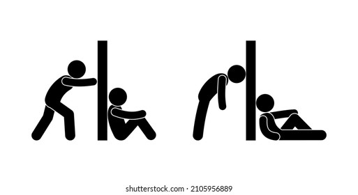 el hombre de la figura del palo empuja la pared, superando obstáculos, alta valla, restricción de la libertad, desesperanza