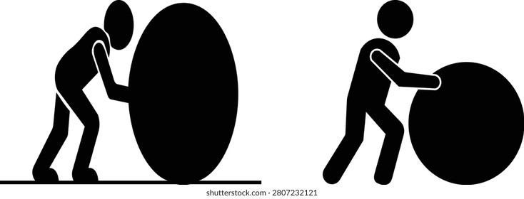 Stick figure man pushing a heavy stone ball vector icon set, business effort and challenge concept