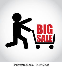 Stick figure man pushing shopping cart with big sale. Symbol or icon of shopper. Vector shopping pictogram.