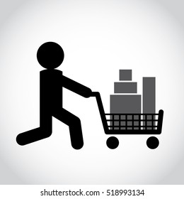 Stick Figure Man Pushing Shopping Cart With Goods. Symbol Or Icon Of Shopper. Vector Shopping Pictogram.