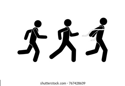 stick figure man runs, finish, competition, runners simple icons pictograms