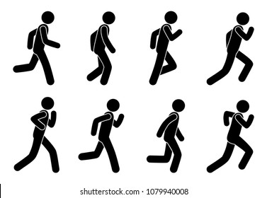 stick figure man runs, icon isolated pictogram, set of human postures for running, a collection of movements of an athlete, vector illustration people silhouette