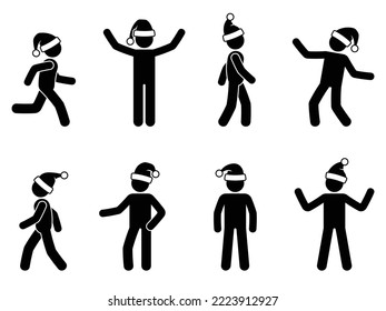 Stick figure man in Santa Claus hat vector illustration set. Stickman holiday celebration walking, jumping, waving icon silhouette pictogram