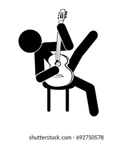 Stick figure man sits and plays the classical guitar