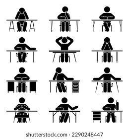 Stick figure man sitting at table front view vector illustration set. Stickman at office desk icon silhouette pictogram