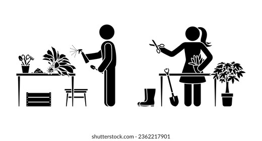 Stick figure man with sprayer and woman with scissors vector illustration set