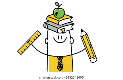 Stick figure, a man with a stack of books on his head holding a ruler and a pencil in his hands. Education concept. Cartoon style. Vector illustration.