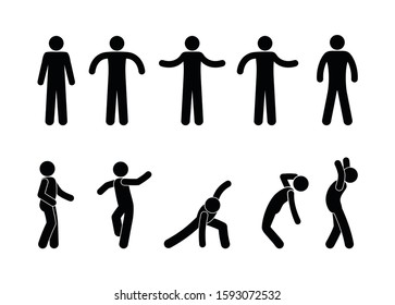 Stick figure man standing. Black cut out people human silhouette, different poses vector icon pictogram set.