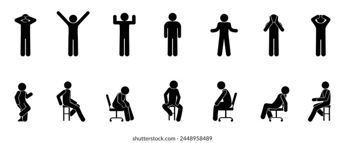 stick figure man standing, sitting, human silhouettes, stickman icon