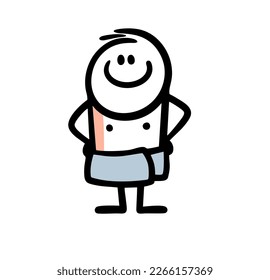 Stick figure man stands wrapped in a towel after a bath. Vector illustration of cute clear stickman.