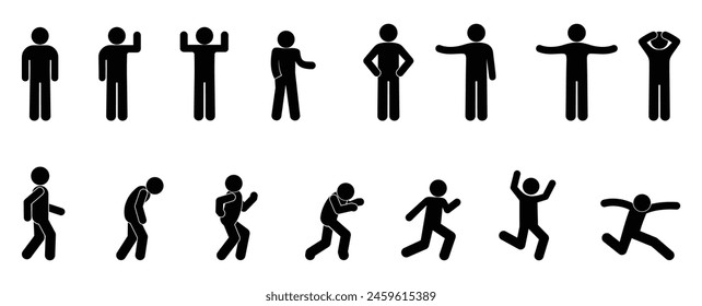 stick figure man, stickman icon, isolated people silhouettes, man standing, running, walking