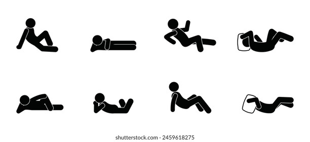 stick figure man, stickman icon, isolated people silhouettes, man lying resting, basic poses