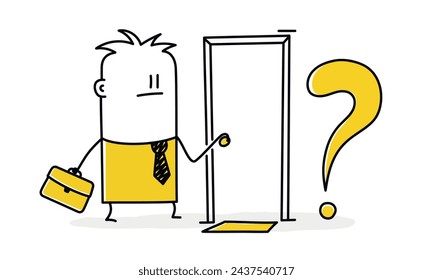 Stick figure. Man in a suit holding a briefcase and standing in front of a door with a question mark. Cartoon style. Vector illustration.