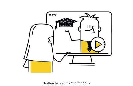 Stick figure, man teacher on laptop screen, woman watching online course. Cartoon style. Vector illustration.