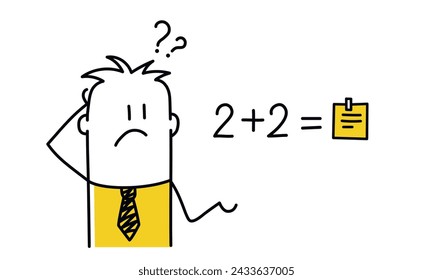 Stick figure, man thinks how much two plus two will be. Cartoon style. Vector illustration.