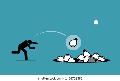 Stick figure man throwing away unwanted ideas into a hole. Vector concept artwork depicts ditching useless and unworkable ideas. 